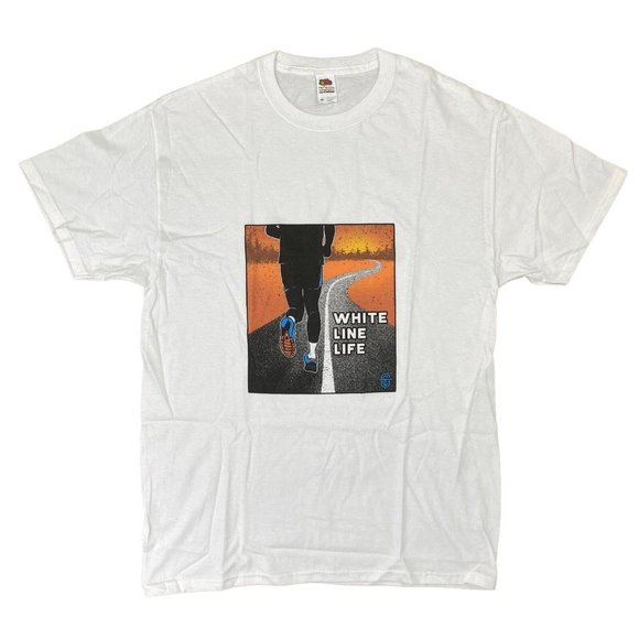 White Line Life T Shirt Mens Medium Running Theme Graphics White Orange Sun Road - Picture 1 of 5